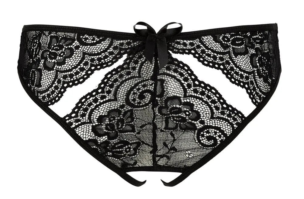 Culotte ouverte noire en dentelle florale avec ouverture entrejambe, élégante et sexy, en polyamide et élasthanne.