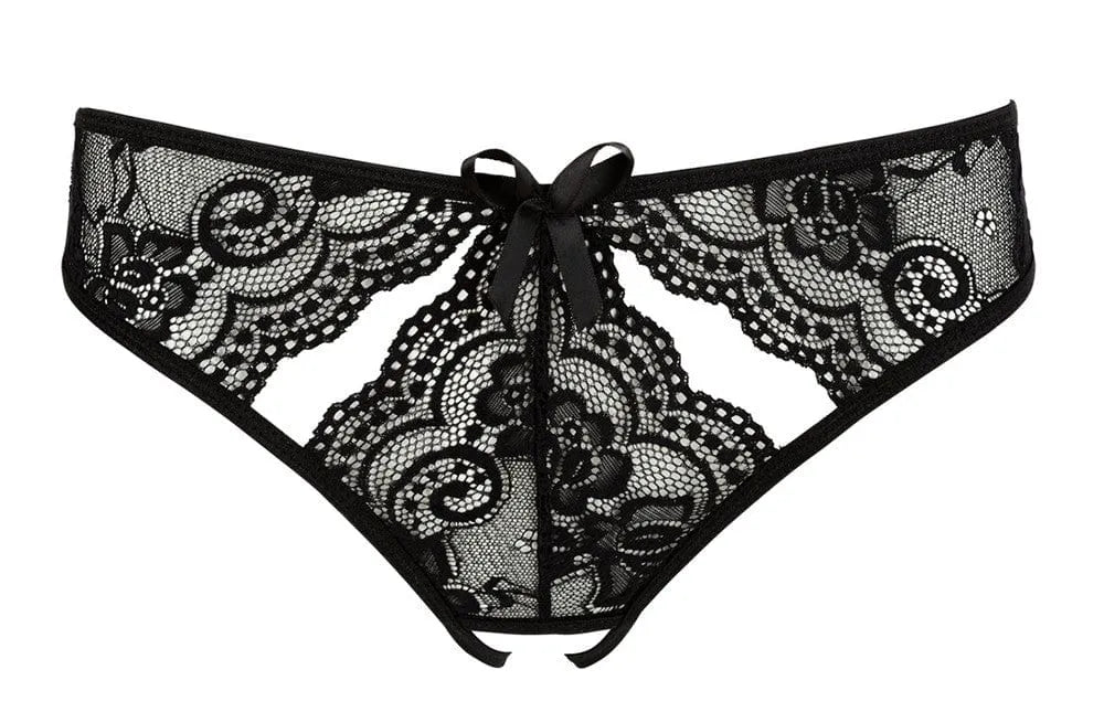 Culotte ouverte noire en dentelle florale avec ouverture à l'entrejambe, élégante et sensuelle, en polyamide et élasthanne.