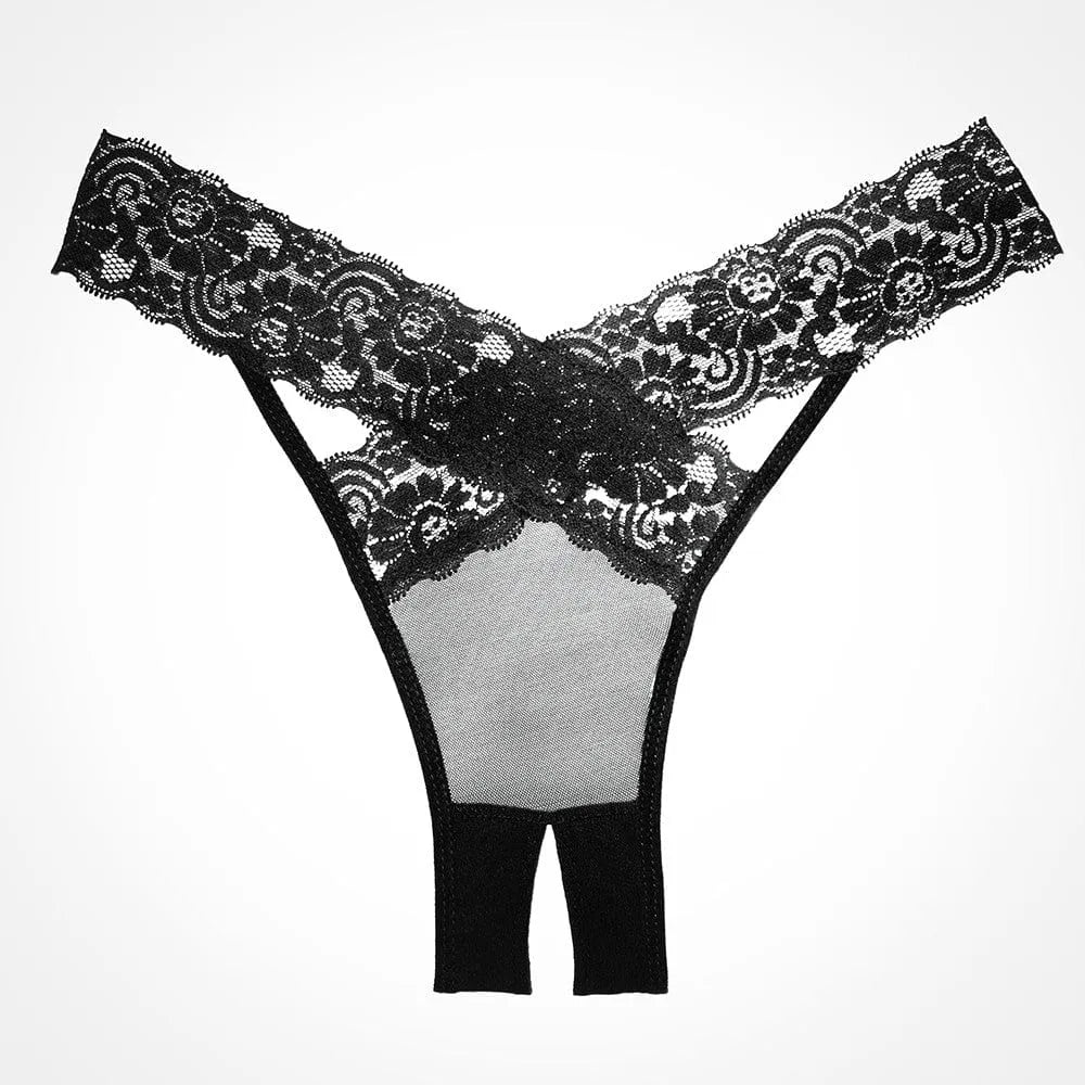 Culotte noire résille ouverte, dentelle raffinée, bandes croisées élégantes, design sensuel et confortable.