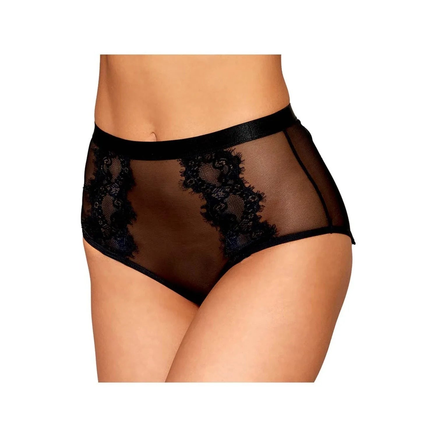 Culotte résille noire taille haute, dentelle sophistiquée, jarretières amovibles, ouverture arrière, maintien sculptant.