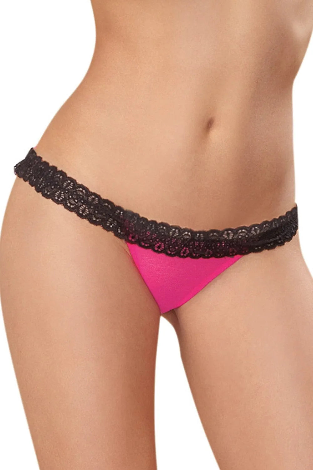 Culotte rose femme avec dentelle noire, ouverture cœur à l'arrière, design sexy et glamour, tissu doux et extensible.