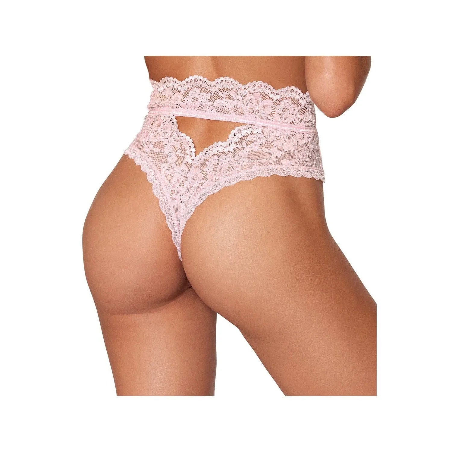 Culotte rose taille haute en dentelle élégante, bordure raffinée, découpe ceinture dos moderne, ajustement parfait.