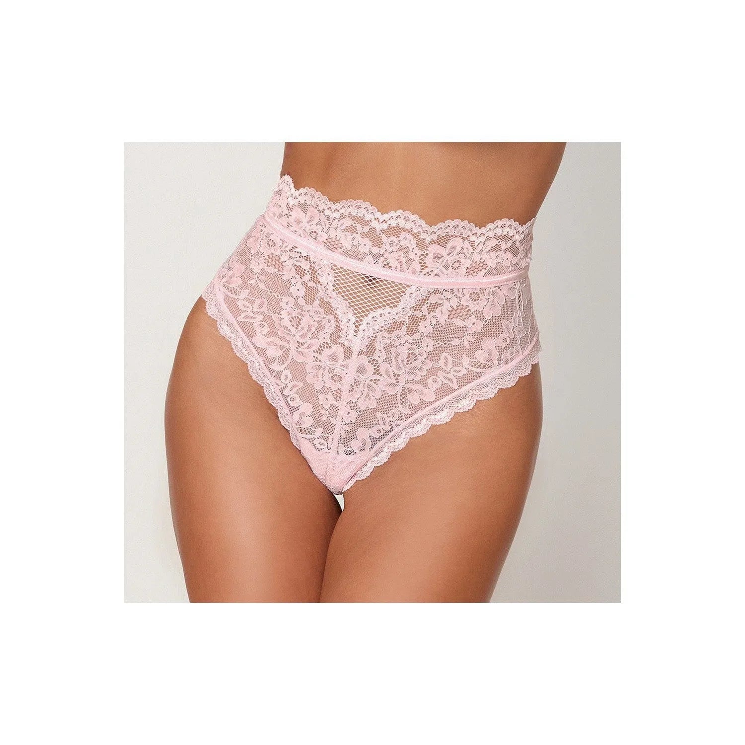 Culotte rose taille haute en dentelle élégante, ajustement parfait, bordure raffinée, découpe ceinture dos moderne.