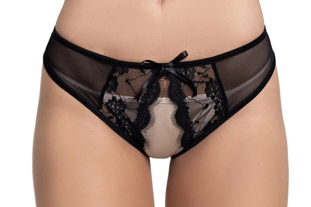 Culotte satinée noire ouverte résille dentelle, noeud devant, taille haute, coupe moulante, glamour et séduisante.