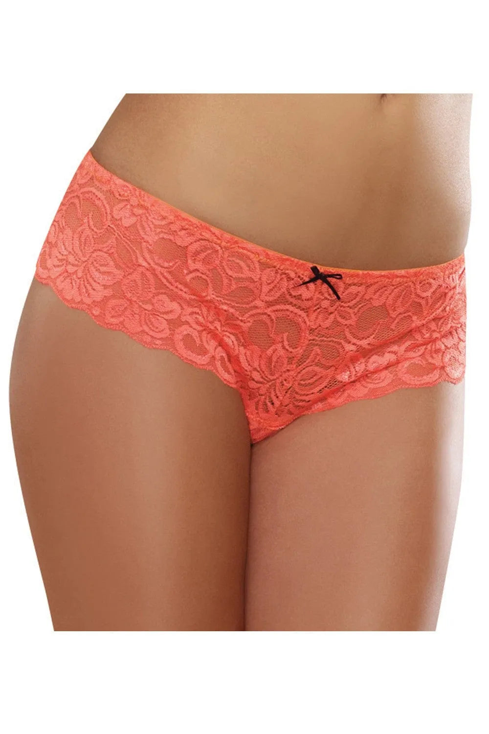 Culotte taille haute en dentelle orange corail avec noeud noir, coupe courte sexy, élastique confortable, nylon-elasthanne.