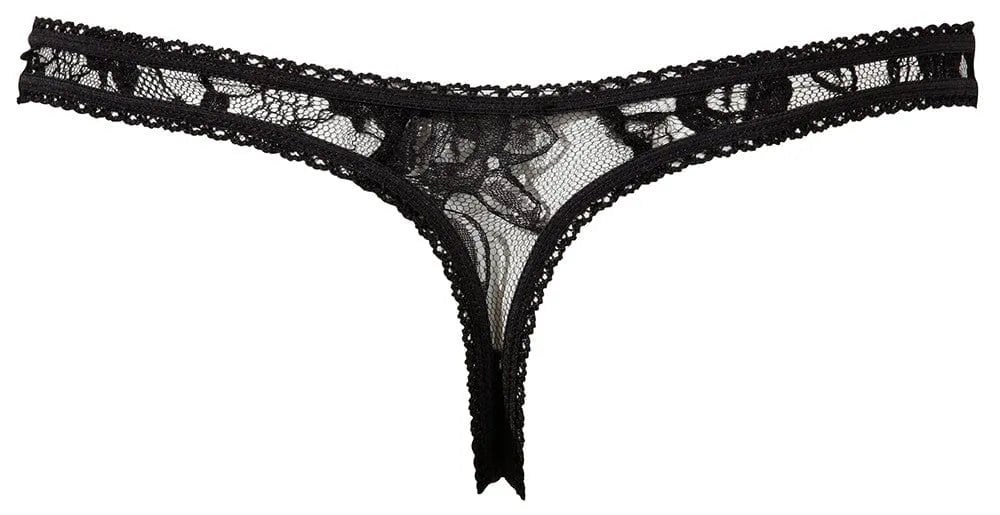 String Rio noir en dentelle, fendu à l'entrejambe, 100% polyester, élégant et sexy, collection Cottelli.