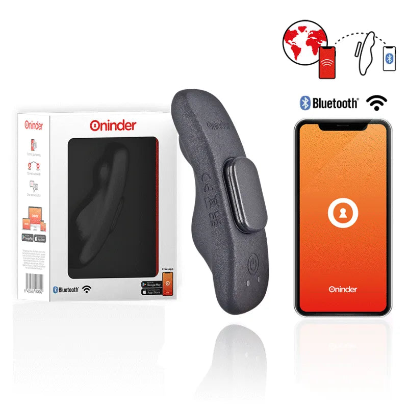 Culotte vibrante connectée en silicone noir, forme ergonomique, avec application mobile affichée sur smartphone, boîte inc...