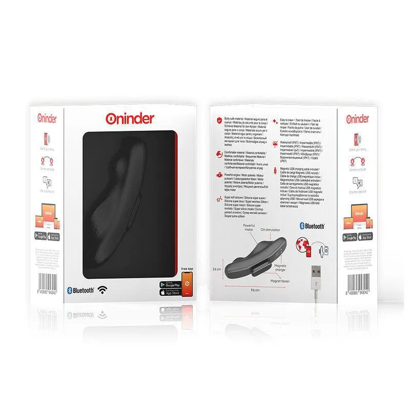 Culotte vibrante noire en silicone doux, connectée, avec neuf modes, contrôlable via application mobile, emballage moderne.