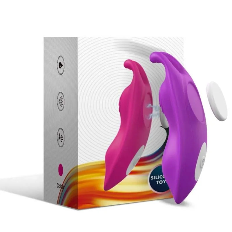 Culotte vibrante rose et violette en silicone médical, double moteur, étanche, avec clip magnétique, devant emballage.