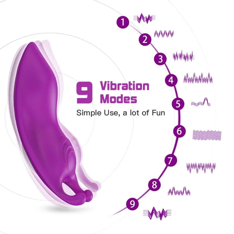 Culotte vibrante violette en silicone étanche avec 9 modes de vibration, design ergonomique pour stimulation discrète.