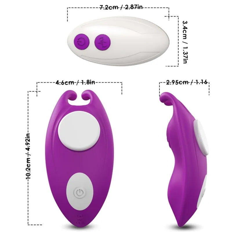 Culotte vibrante violette en silicone médical, étanche, avec double moteur, télécommande blanche, design ergonomique.