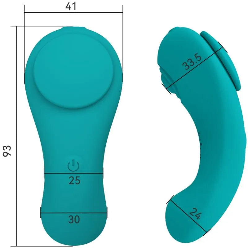 Culotte vibrante étanche turquoise en silicone, forme goutte, dimensions précises, 4 modes, 3 vitesses, USB rechargeable.