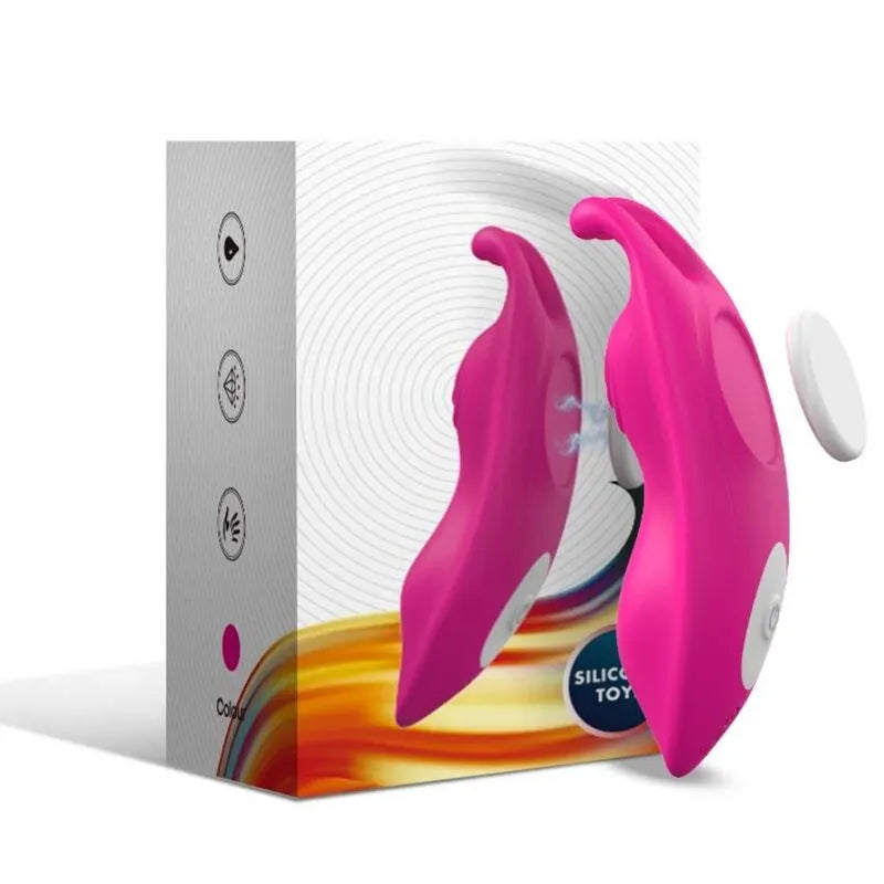 Culotte vibrante rose en silicone médicale, design ergonomique, double moteur, télécommande, boîte blanche élégante.