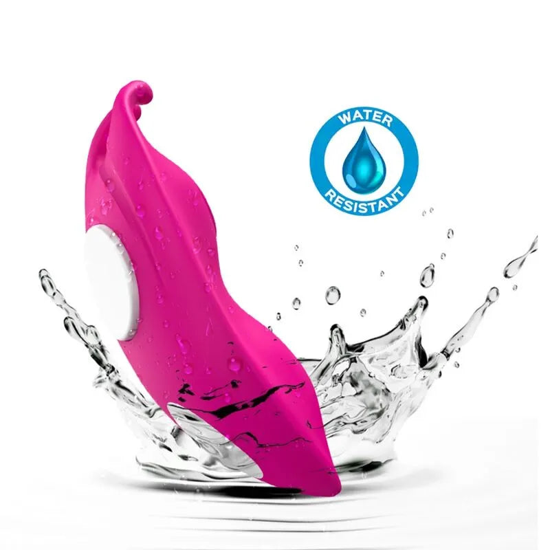 Culotte vibrante rose en silicone médical, étanche, avec icône water resistant, design ergonomique et moderne.