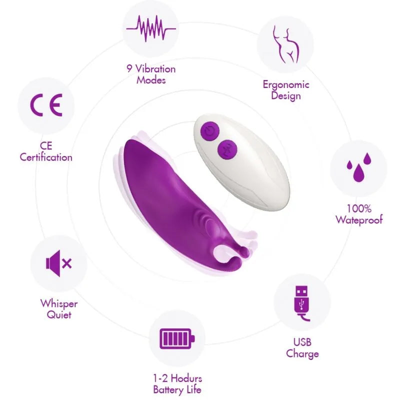 Culotte vibrante violette en silicone médical, design ergonomique, télécommande blanche, 9 modes, étanche, rechargeable USB.
