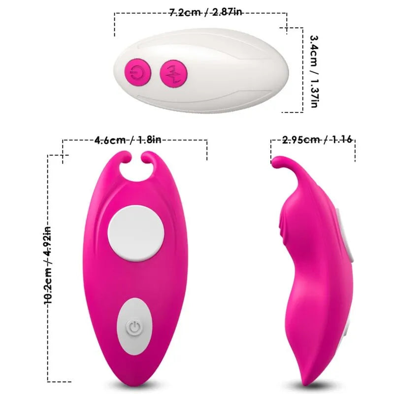 Culotte vibrante rose en silicone médical avec télécommande blanche, design ergonomique, 9 modes de vibration, rechargeable.