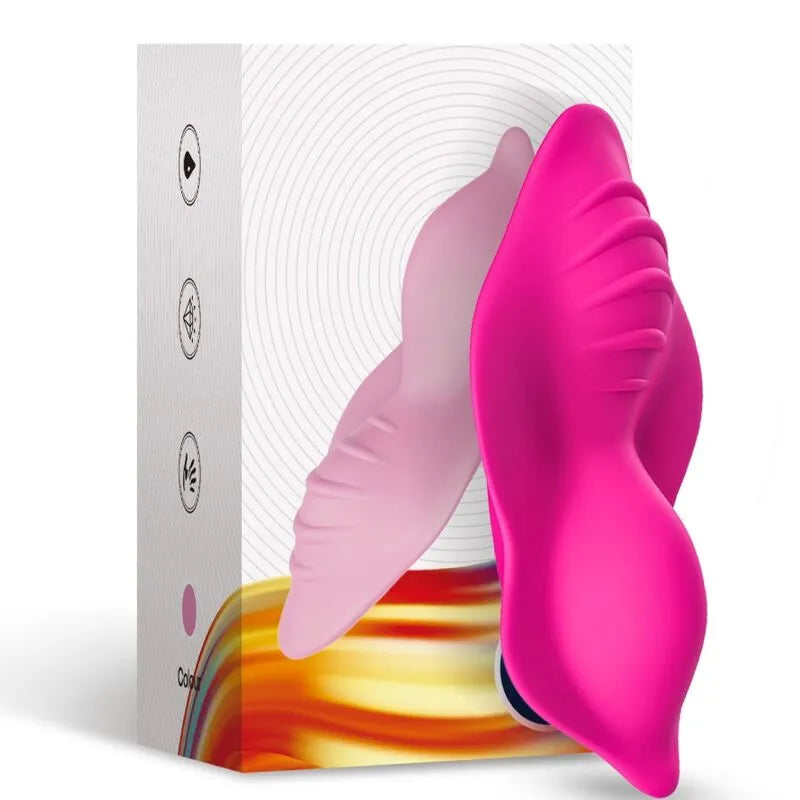 Culotte vibrante rose en silicone médical, compacte et étanche, avec 9 modes de vibration, sur fond de boîte élégante.