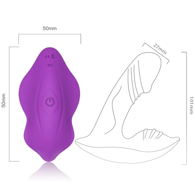 Culotte vibrante violette en silicone médical, design ergonomique, double moteur, étanche, avec schéma dimensions.