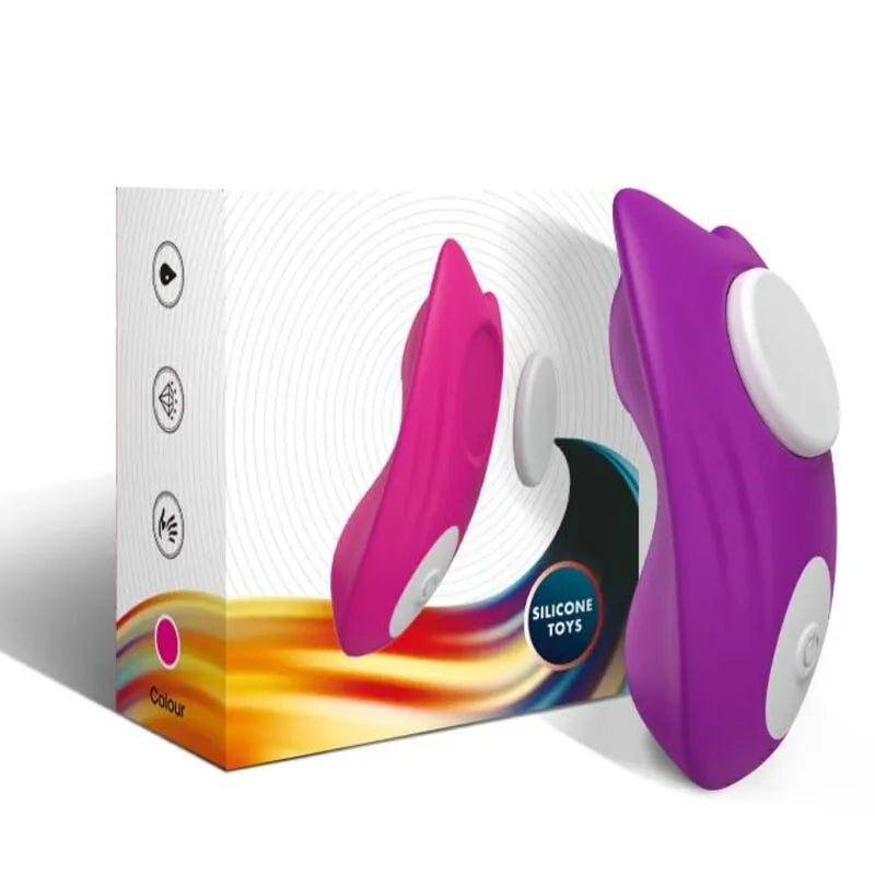 Culotte vibrante rose en silicone médical avec double moteur, fixation magnétique, sur fond de boîte illustrée.