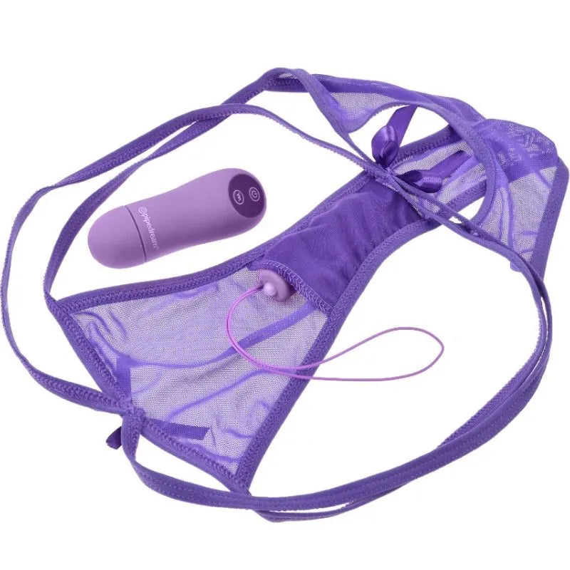 Culotte violette transparente avec télécommande sans fil, masseur miniature intégré, design ergonomique et discret.
