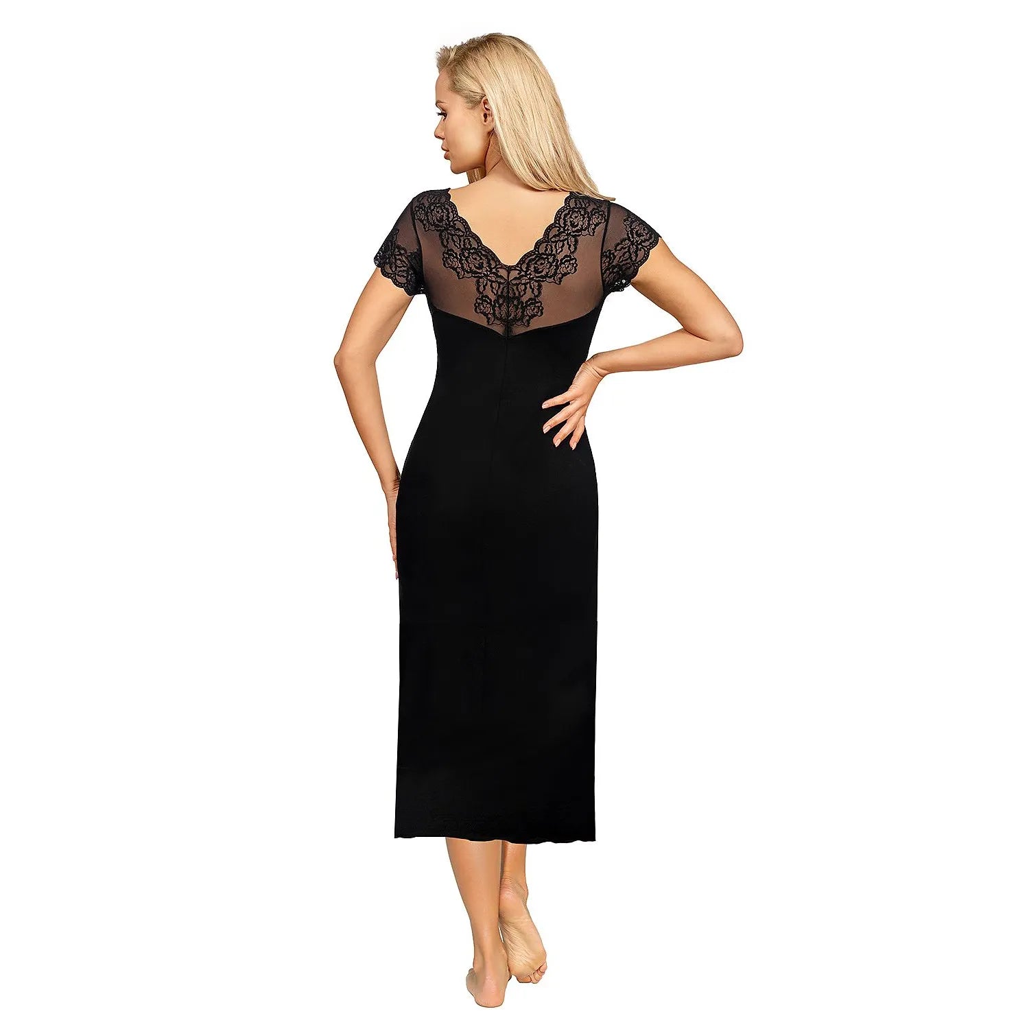 Chemise de nuit noire en dentelle, décolleté V, épaules nues, manches courtes, élégante et sensuelle pour occasions spécia...