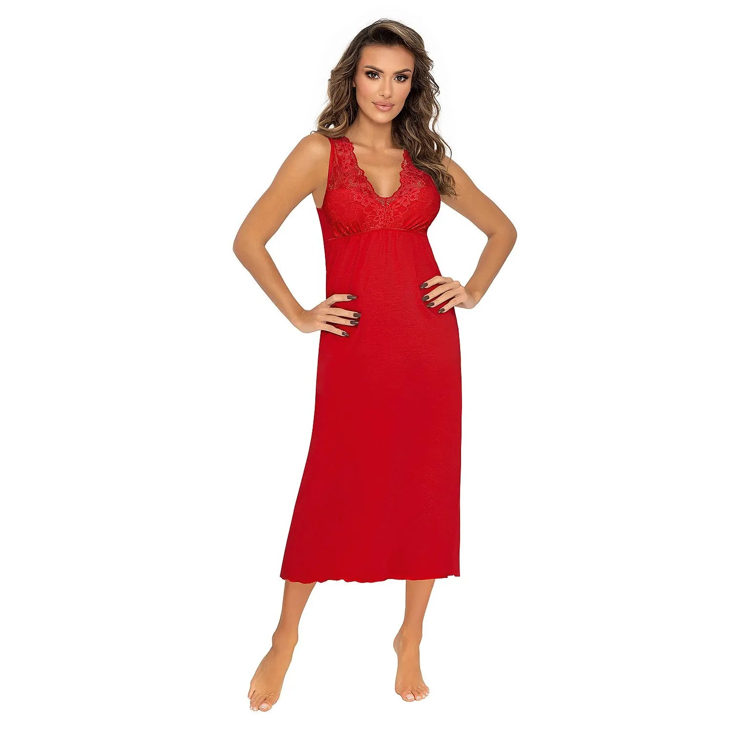 chemise nuit élégante dentelle rouge sensuelle viscose fluide longueur mi mollet décolleté plongeant bretelles larges élastique broderies fleuries