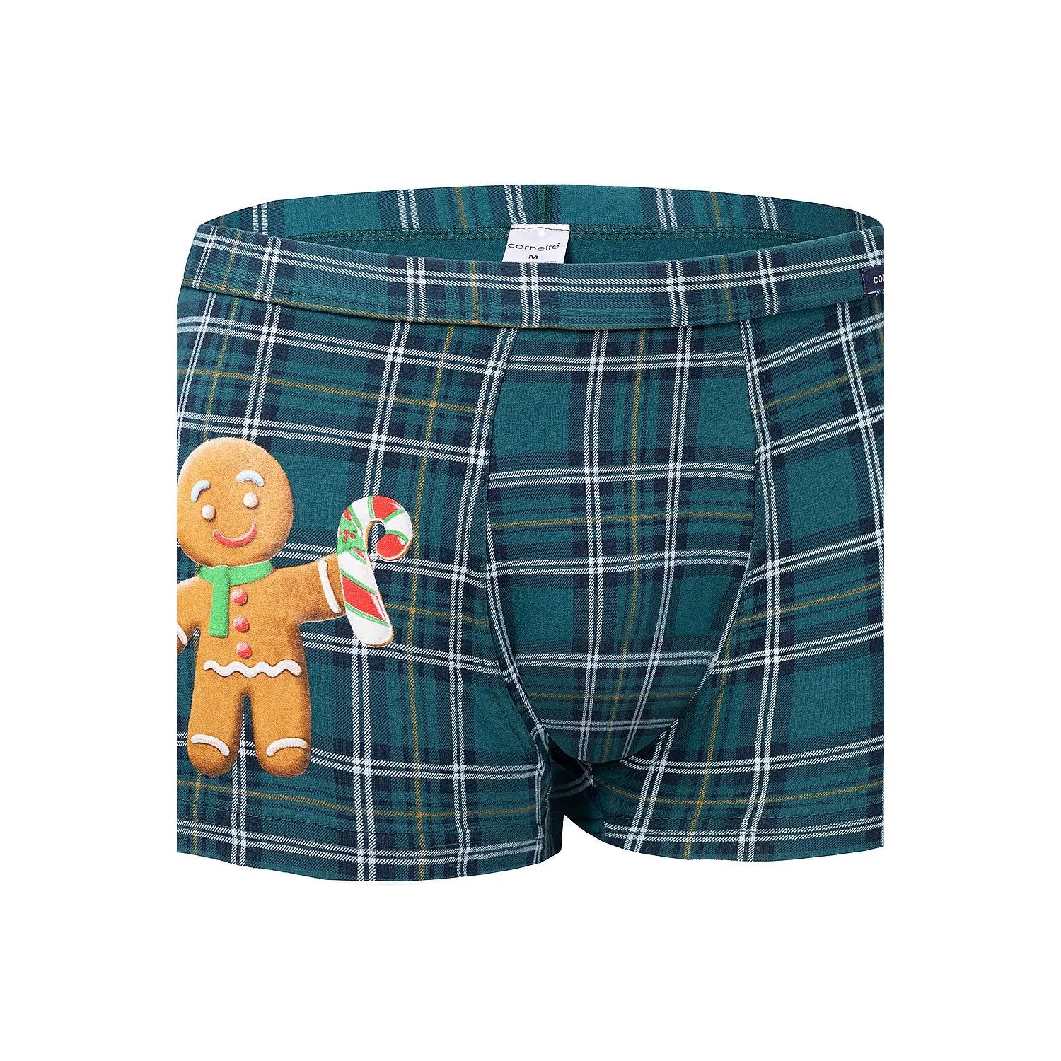 boxer homme Noël festif original motif carreaux écossais bleu vert jaune bonhomme pain épice coton élasthanne confort élasticité
