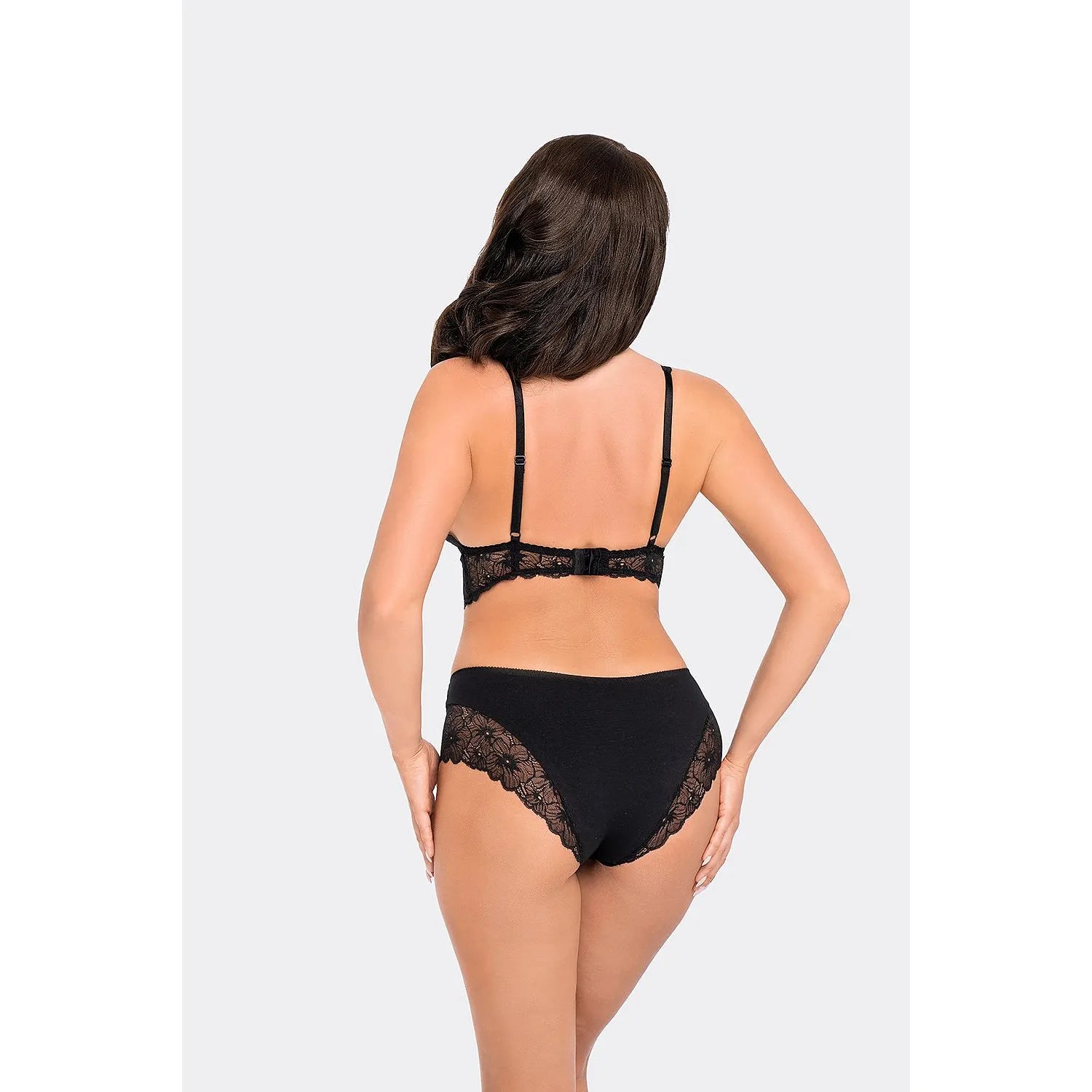 Culotte Babell noire en coton élasthanne avec dentelle, ajustée et élégante, vue de dos sur mannequin.