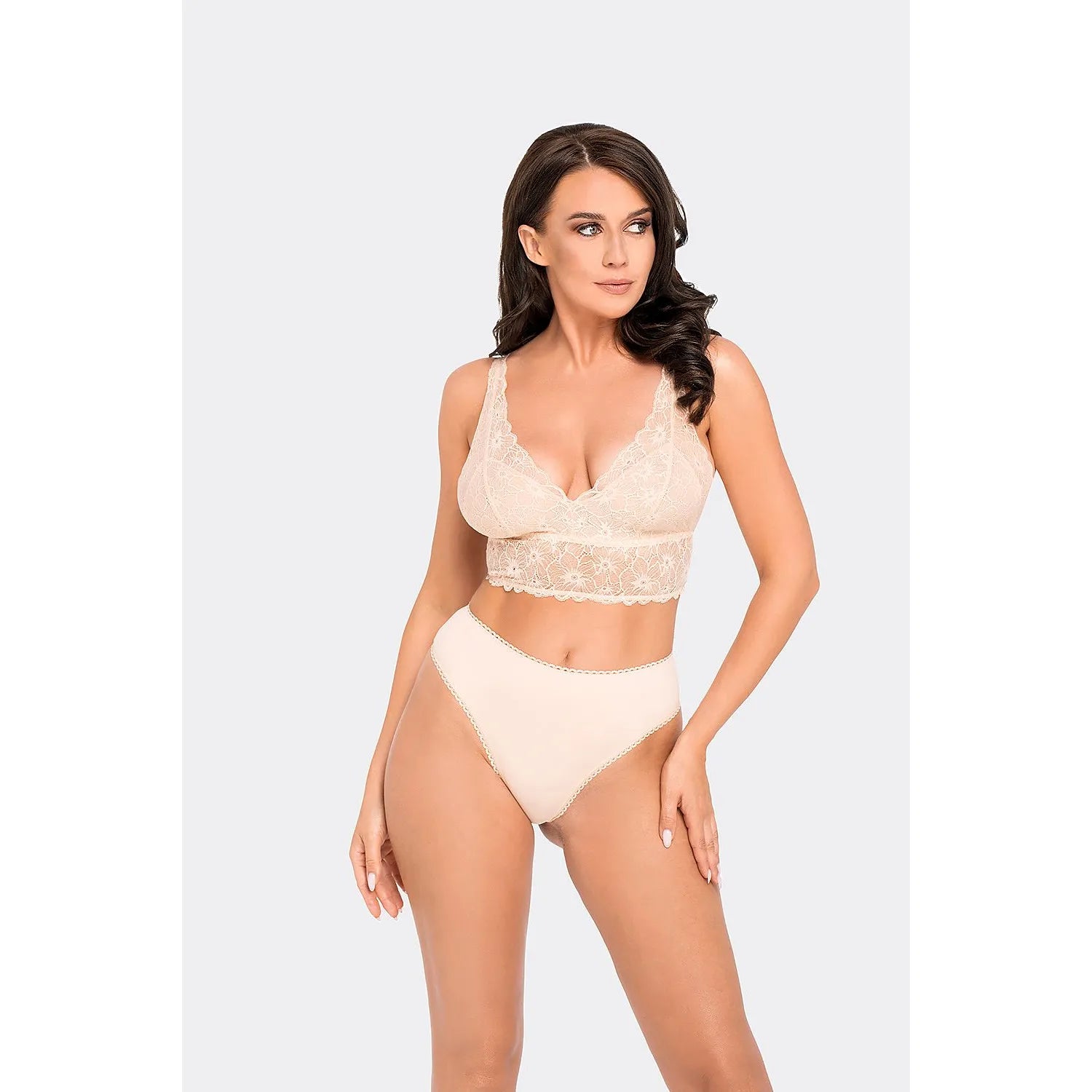 Ensemble lingerie brésilienne dentelle florale taille haute soutien-gorge brassière culotte microfibre beige clair féminine sexy