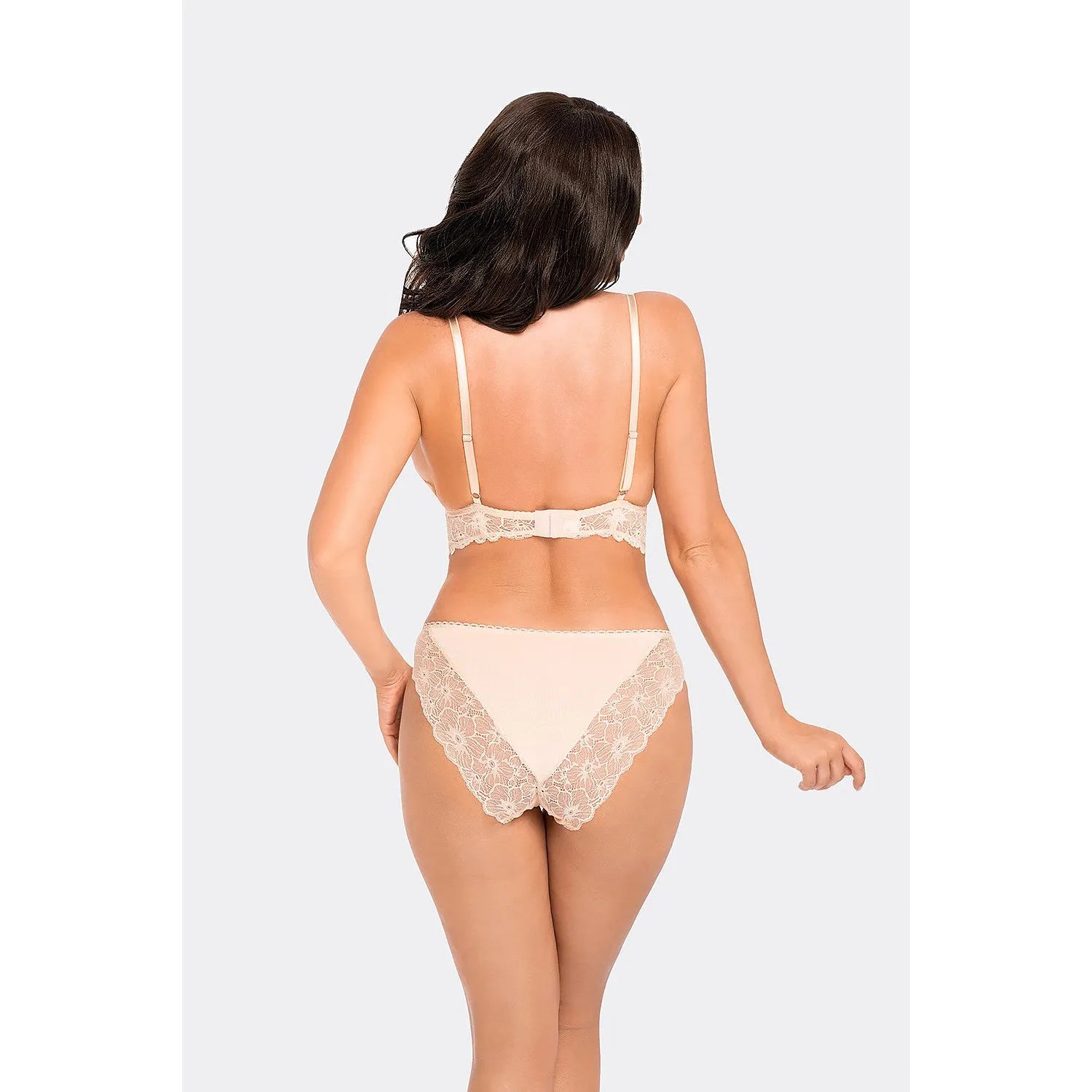 Ensemble lingerie beige sans armature Babell 189023, dentelle florale, soutien-gorge et culotte taille haute élégants.