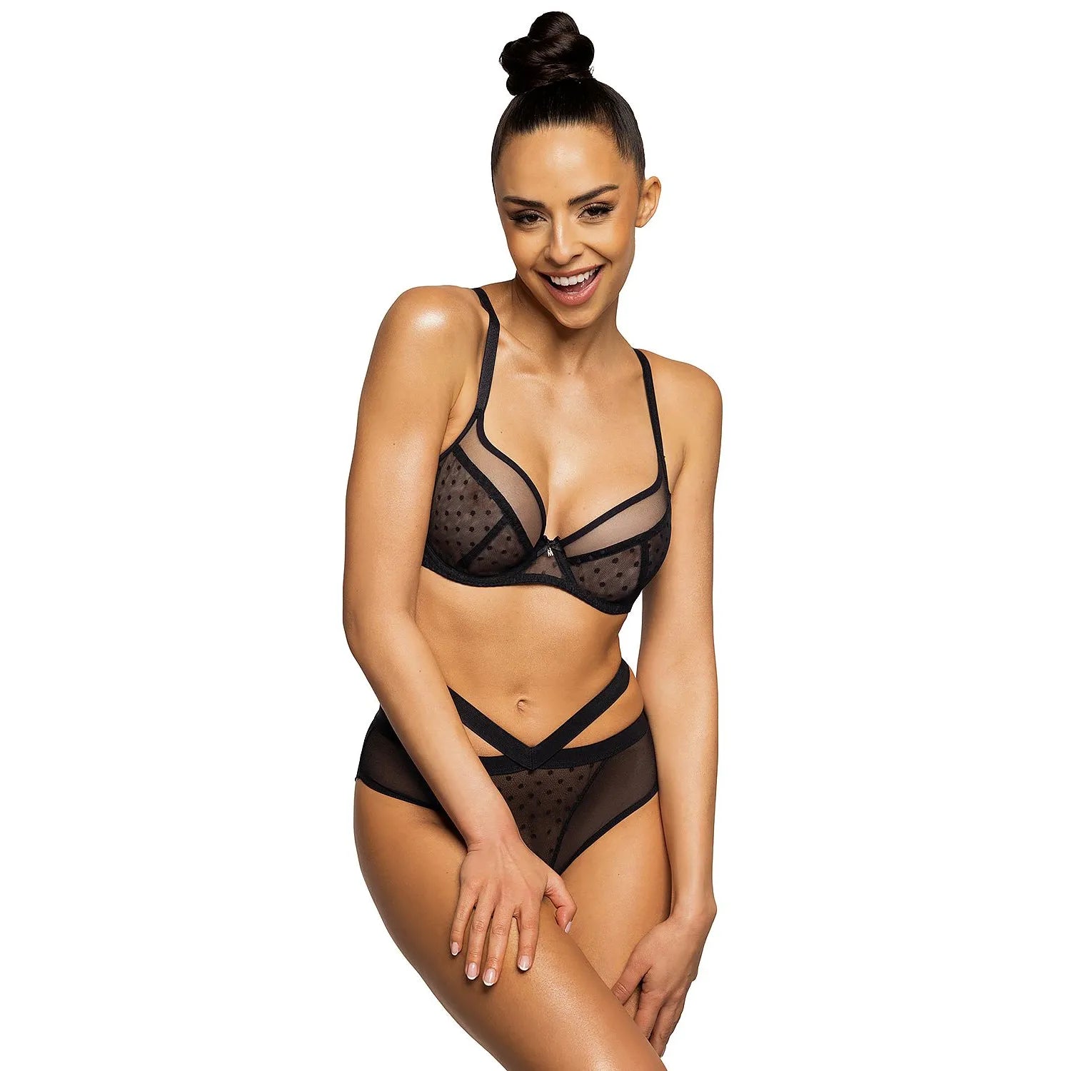 Culottes en maille noire transparente à pois, modèle Dotssy 190248, élégante lingerie érotique pour femme.