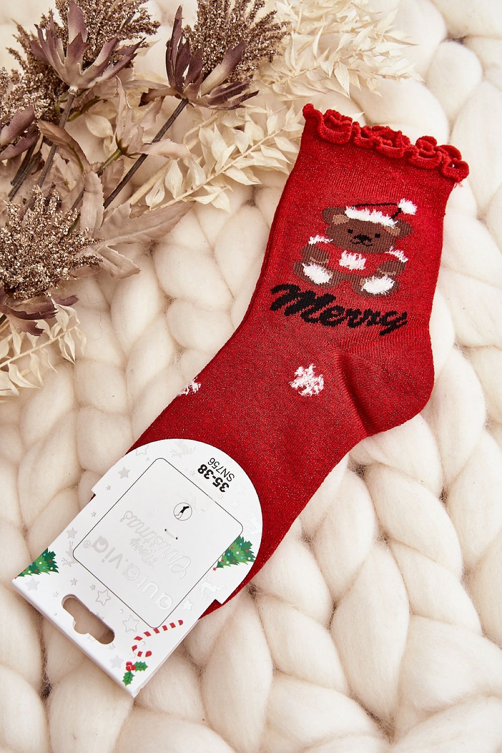 Chaussettes rouges à paillettes de Noël pour dames, motif ours et inscription Merry, coton 85%, parfaites pour cadeau.