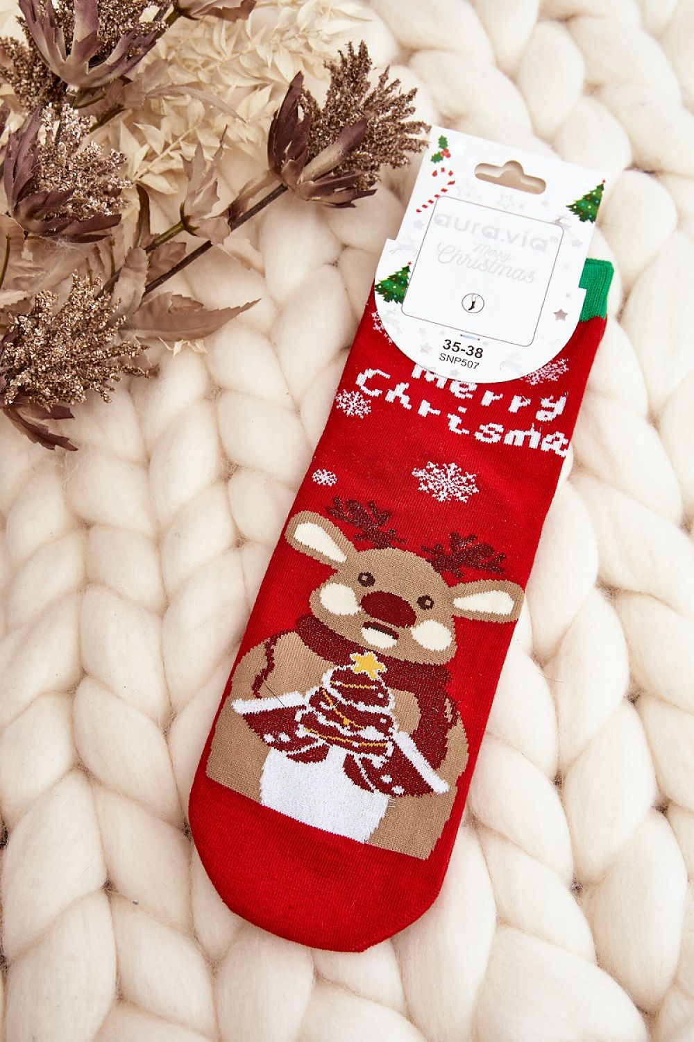 Chaussettes rouges motifs renne festifs, coton 85%, parfaites pour hiver, idée cadeau femme, modèle 190427 Step in Style.