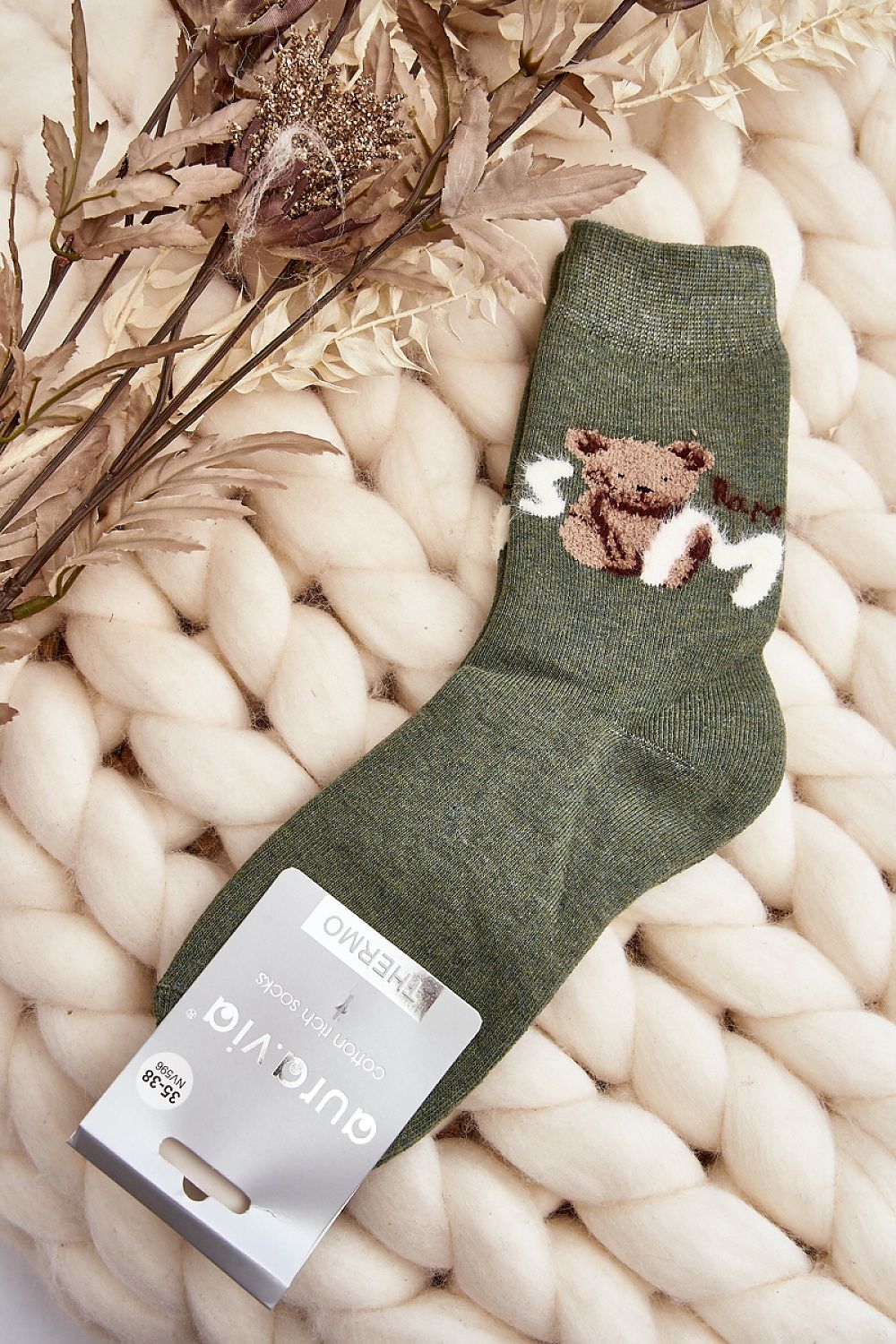 Chaussettes vertes pour femmes avec patch ourson, chaudes et ajustées, idéales pour l'hiver, coton 85%, modèle 191177.