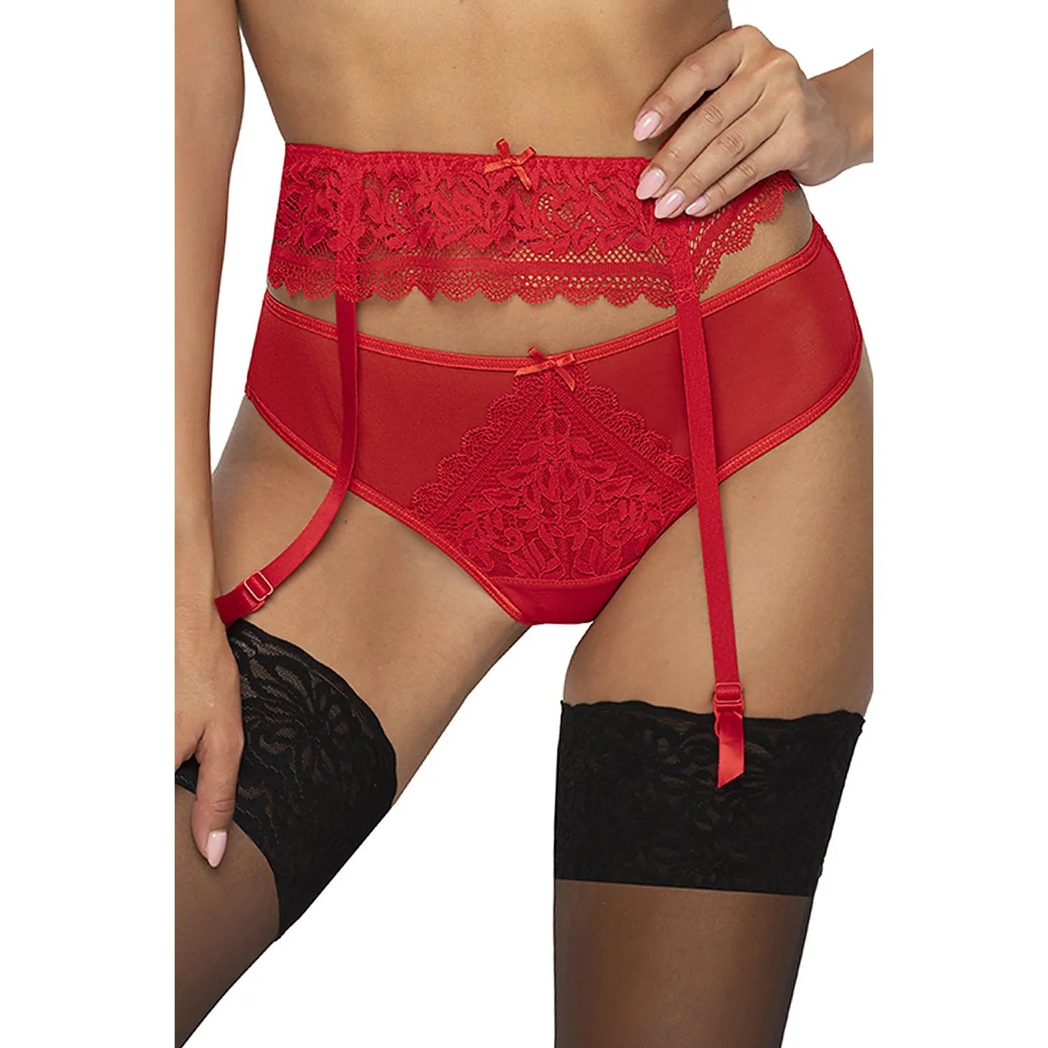 Ensemble lingerie rouge dentelle floral culotte porte-jarretelles ajustables nœuds satin taille élasthanne polyamide sextoy lingerie érotique