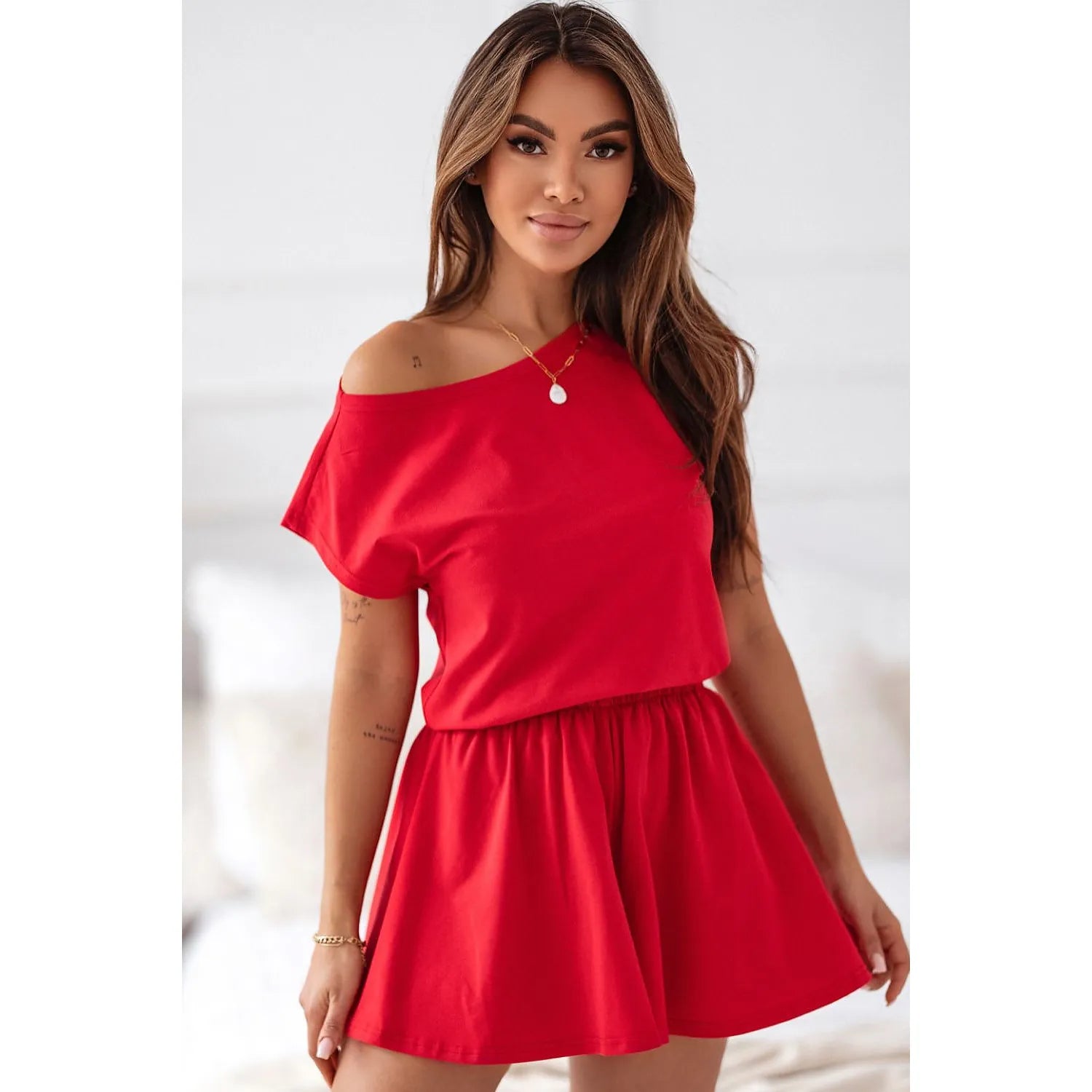 Ensemble pyjamas femme coton élasthanne robe courte évasée col asymétrique détente intime confort élégance couleur rouge vif