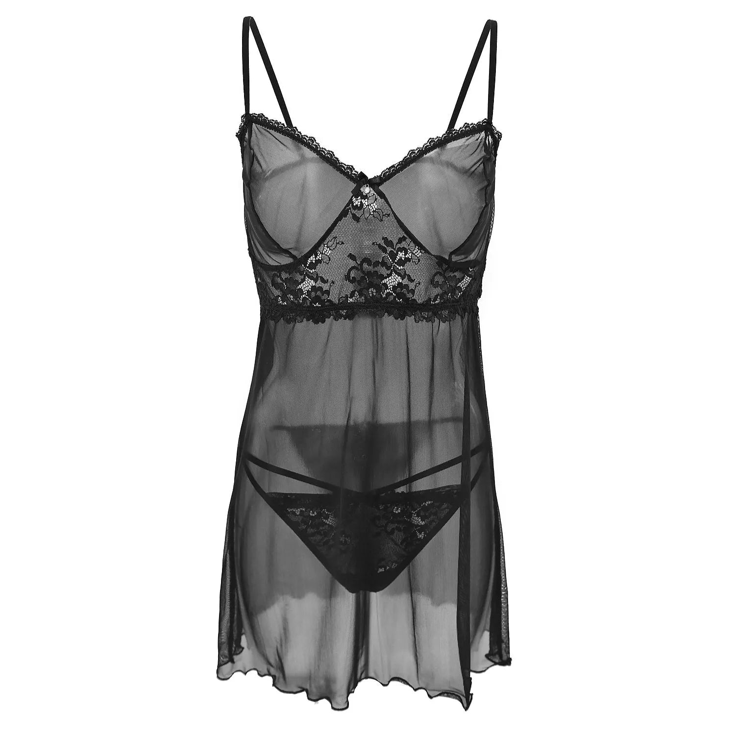 Ensemble lingerie tulle dentelle noire, bijou ornemental, string, bonnets maintien, décolleté glamour, tailles variées.