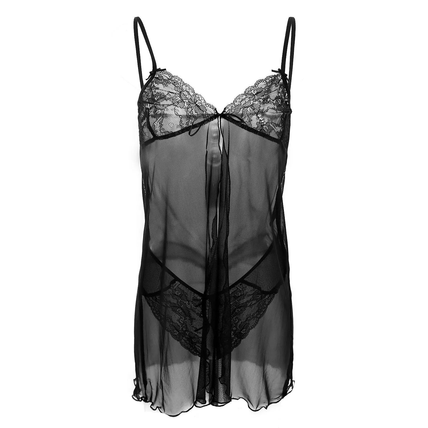 Ensemble lingerie noire dentelle tulle ajustable, design fendu noué, élégant et sensuel, modèle DKaren 45321.