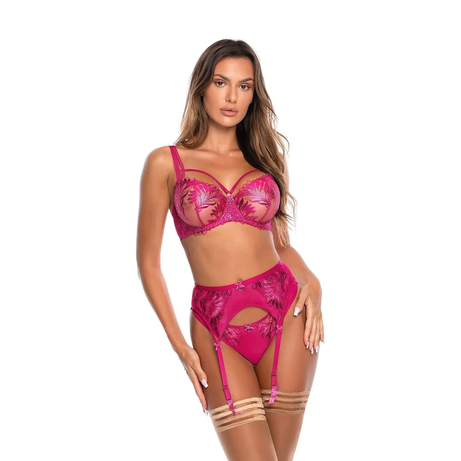 Ensemble lingerie érotique sexy 3 pièces rose vif broderie florale soutien-gorge balconnet culotte bas porte-jarretelles sexy erotico sensualité
