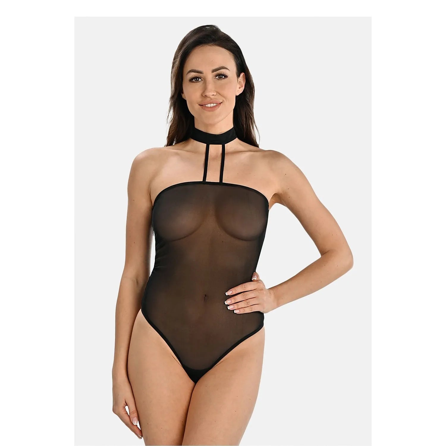 body lingerie sexy féminin noir maille transparent extensible respirant moulant maintien col haut sans bretelles élégant sophistiqué sensuel confortable ajustable