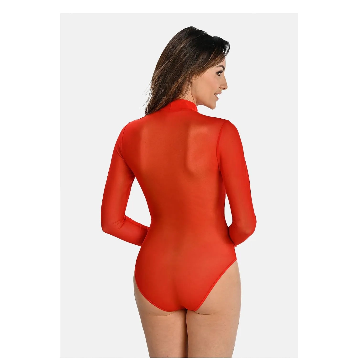 Body rouge transparent manches longues col montant, coupe moulante, style élégant et sensuel, Teyli lingerie.