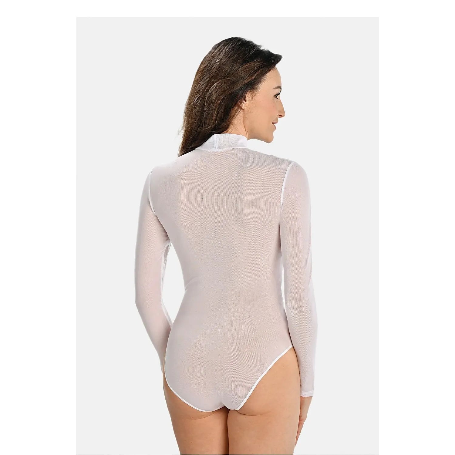 Body érotique blanc manches longues, col ras, coupe ajustée, maille semi-transparente, femme de dos.
