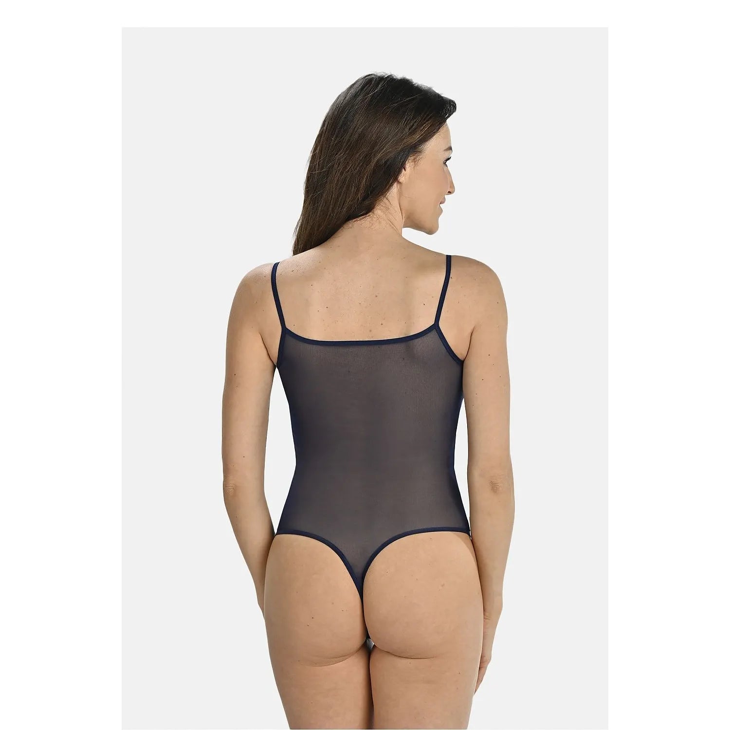 Body lingerie bleu transparent, bretelles fines, ajusté, vue de dos, maille délicate, design minimaliste et élégant.
