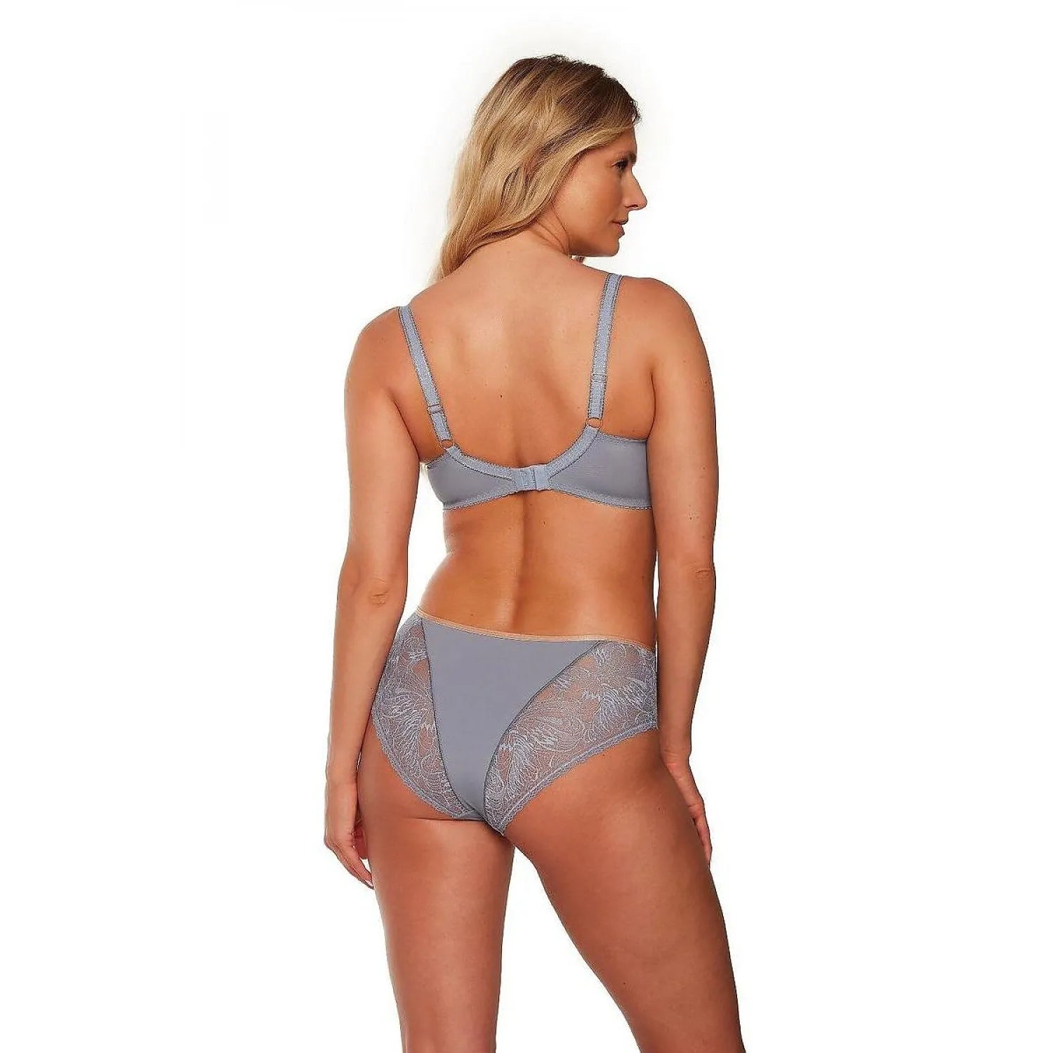 Culottes dentelle bleu gris Gaia, ajustées, confortables, transparence latérale, bordures beige, élégance féminine.