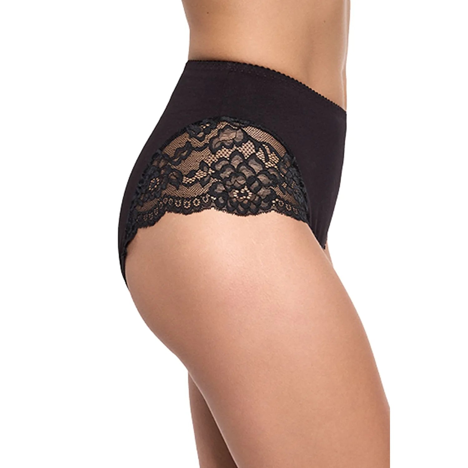 Culotte taille haute noire en dentelle florale, design élégant et confortable, tissu doux et respirant, finitions lisses.