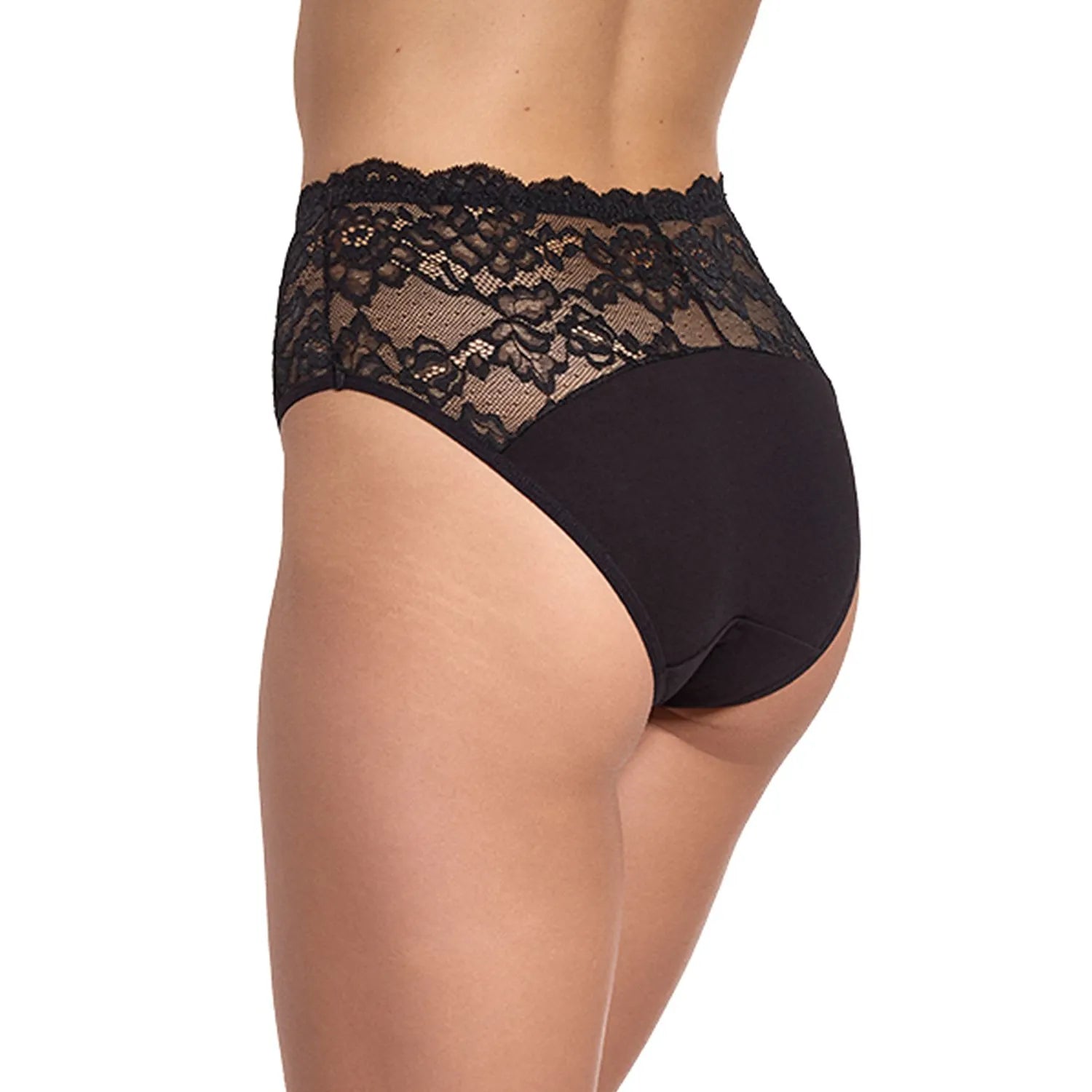 Culotte haute noire en dentelle et satin, style élégant Gabidar, confort et maintien, silhouette mise en valeur.