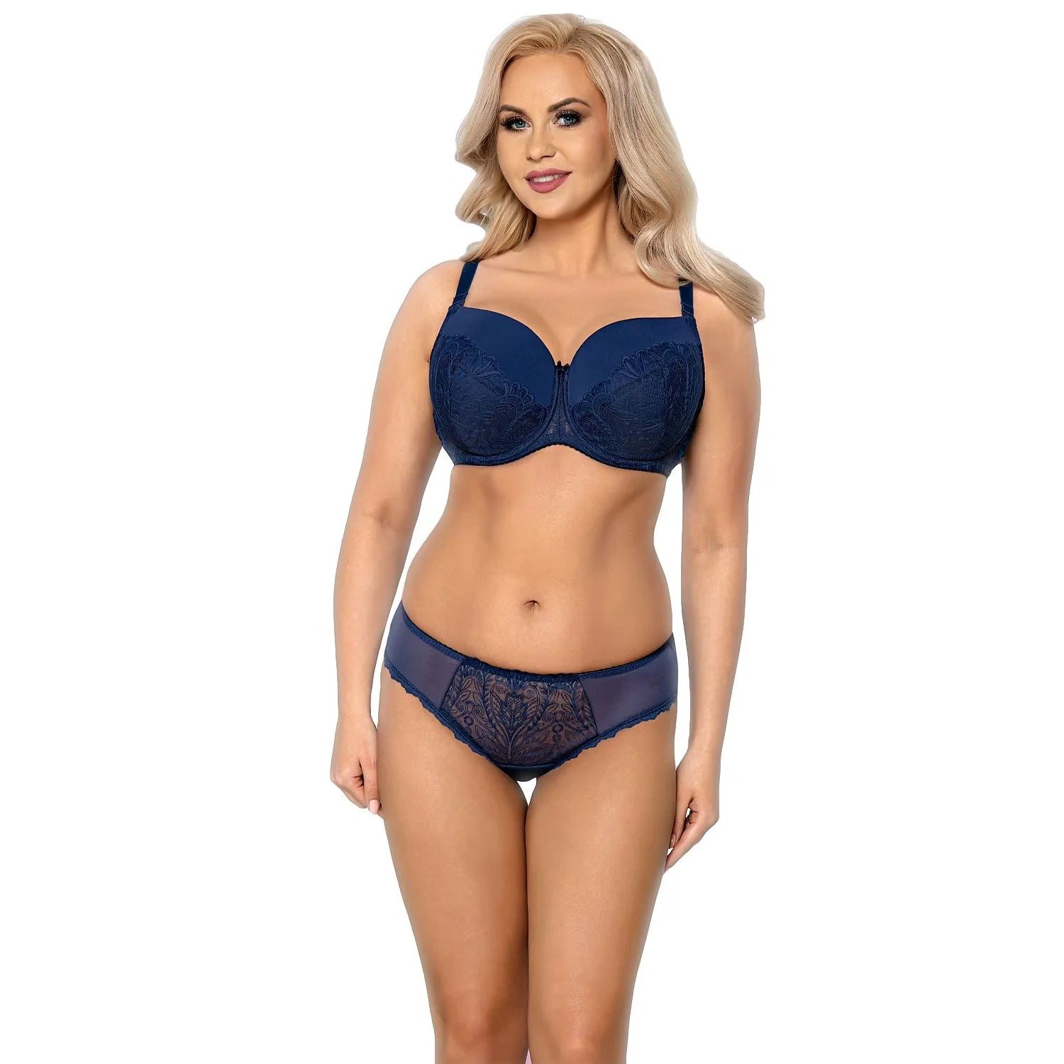 Ensemble Lingerie Féminine Bleu Marine Dentelle Satiné Floral Rembourré Léger Bretelles Réglables Agrafes Dos Taille Élastique Doublée Tulle Confortable Raffiné