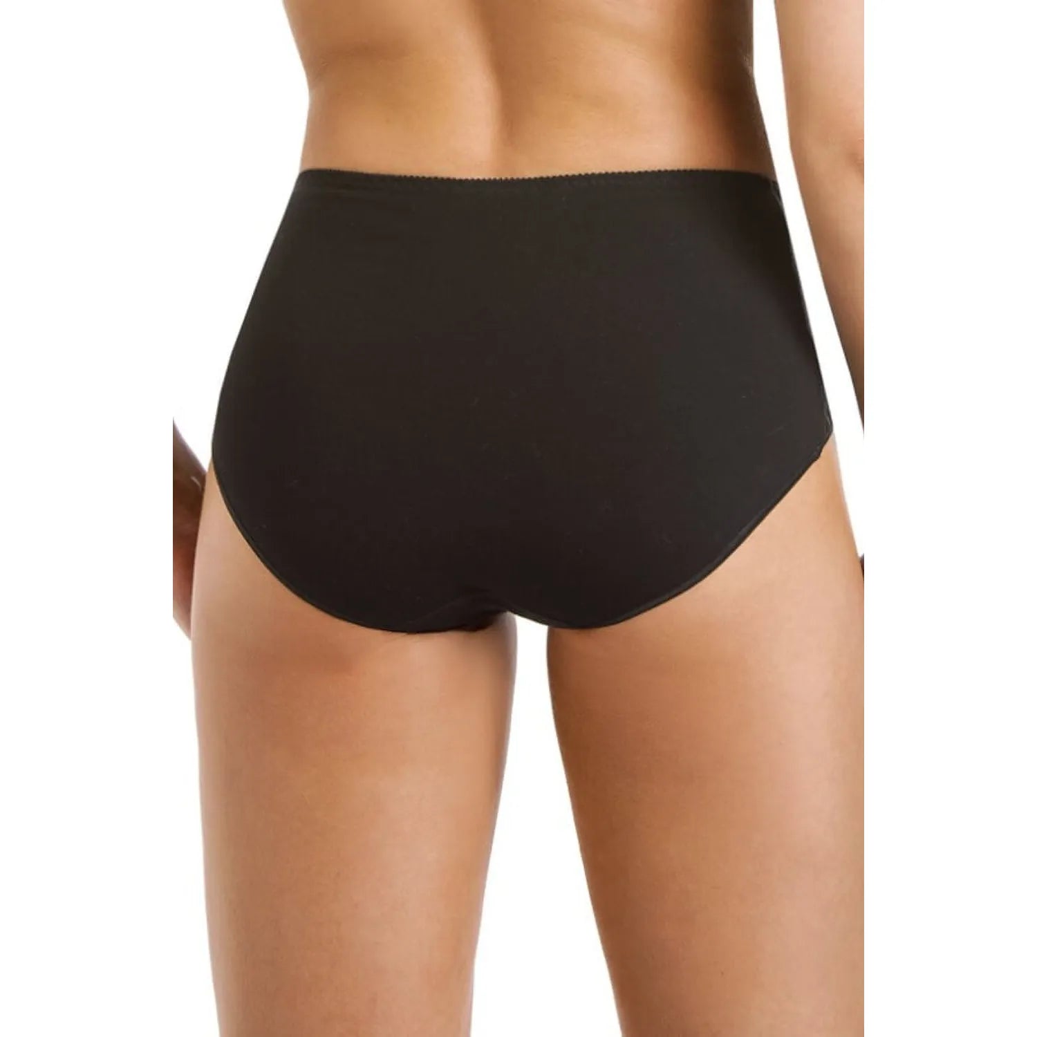 Culotte noire taille haute en coton Lycra avec dentelle florale, offrant confort et élégance, vue arrière.