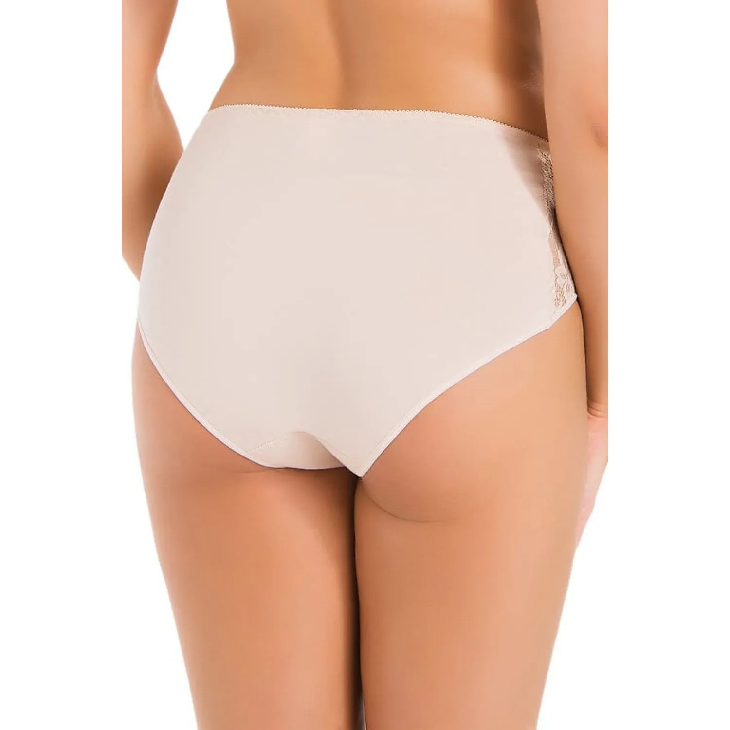 Culotte Anastasia beige taille haute en dentelle florale, coton Lycra doux, vue arrière, confort et élégance pour femmes.