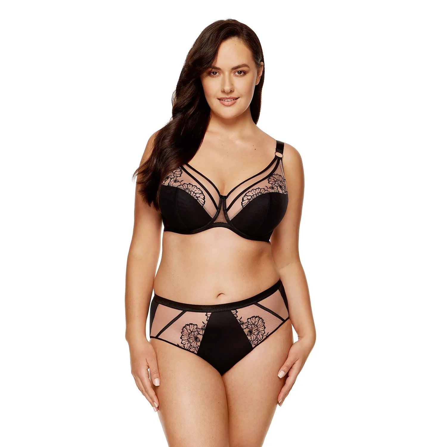 Culotte Gorteks noire et beige, broderies florales, maille lisse, tulle élastique, élégance et confort.